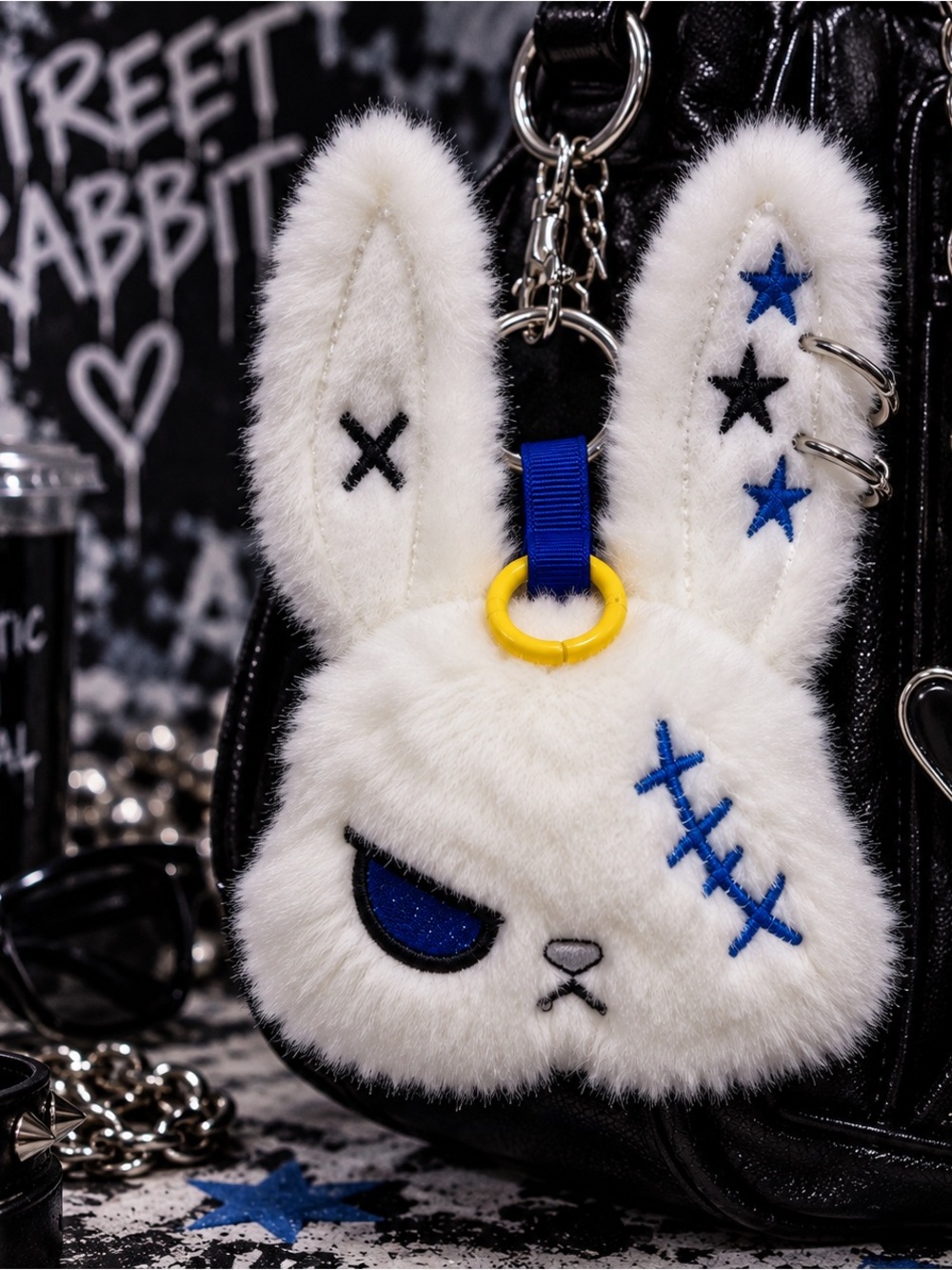 White Street Rabbit Gothic Plush Bunny Keychain Bag Charm Bendable Ears